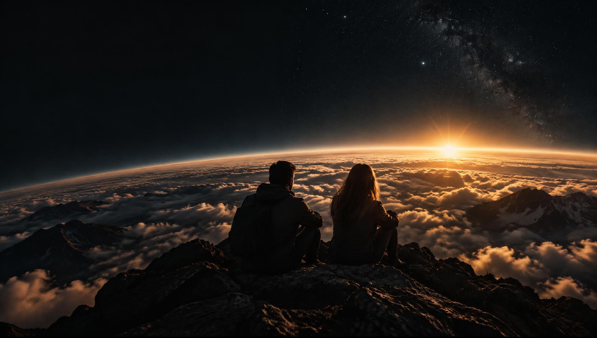 Two people watching the sunrise above the clouds